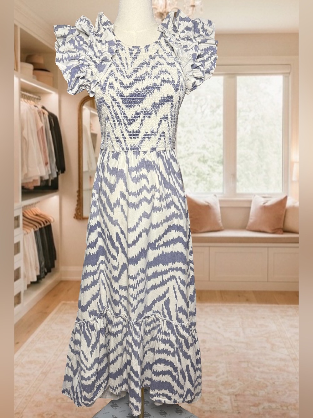 SAYLOR “Pilar”Blue and White Smocked Maxi Dress with Ruffle Sleeves
